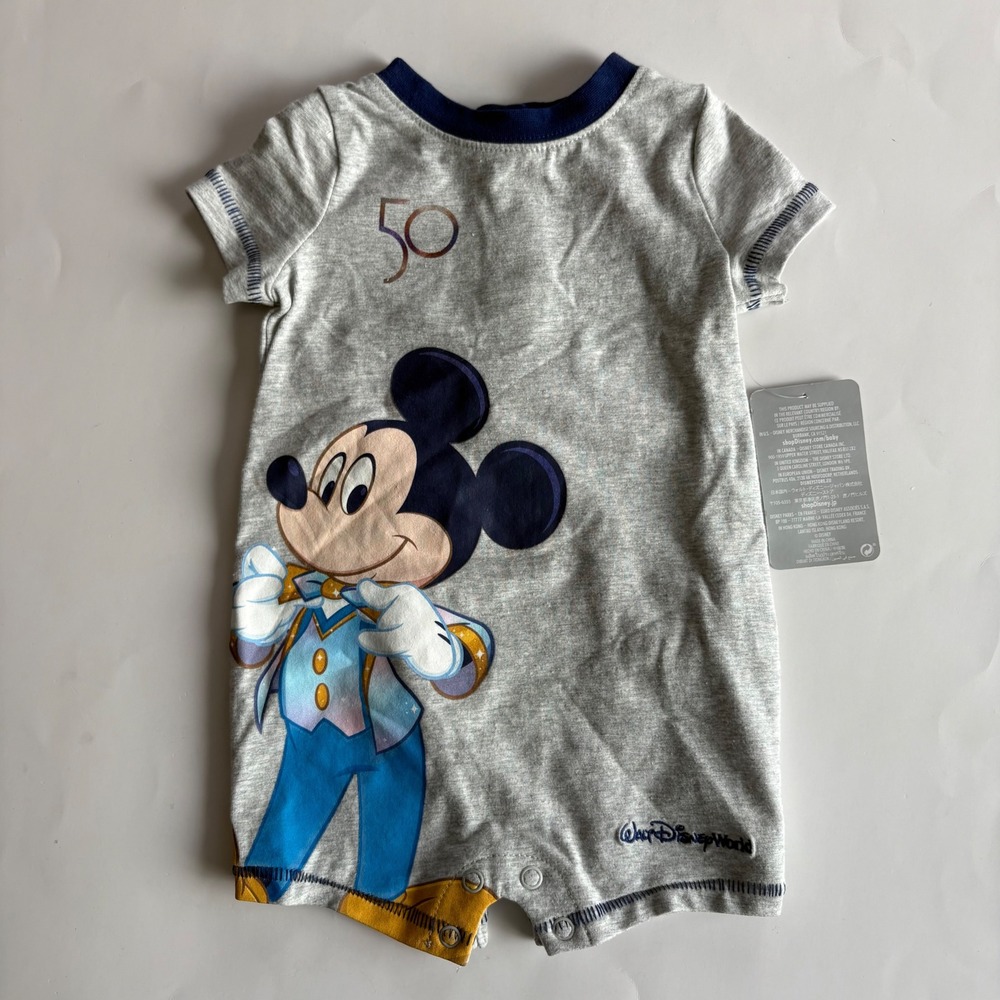 Disney Baby Mickey Mouse Walt Disney World 50th Anniversary Romper Gray 3-6M NWT